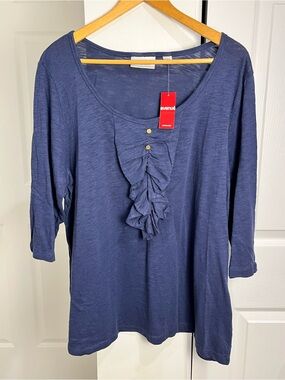 Avenue Ruffle Detail Front Top 3/4th Sleeves Navy Blue Career Casual Sz 18/20